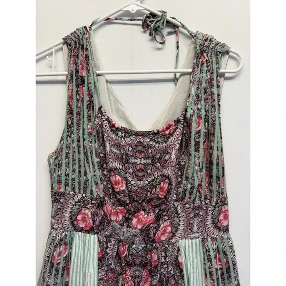 Free People Boho Floral Striped Maxi Dress Sage Green Pink Cutout Back Pockets - Picture 3 of 11